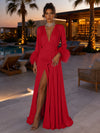 Satin A-Line V Neck Formal Dresses with Side Waist Ruched Shaping Detail