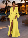 Satin A-Line V Neck Formal Dresses with Side Waist Ruched Shaping Detail