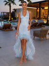 Satin Mermaid Halter Formal Dresses with Natural Feather Fringe Hem