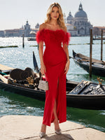 Satin Bodycon Off Shoulder Formal Dresses with Side Slit