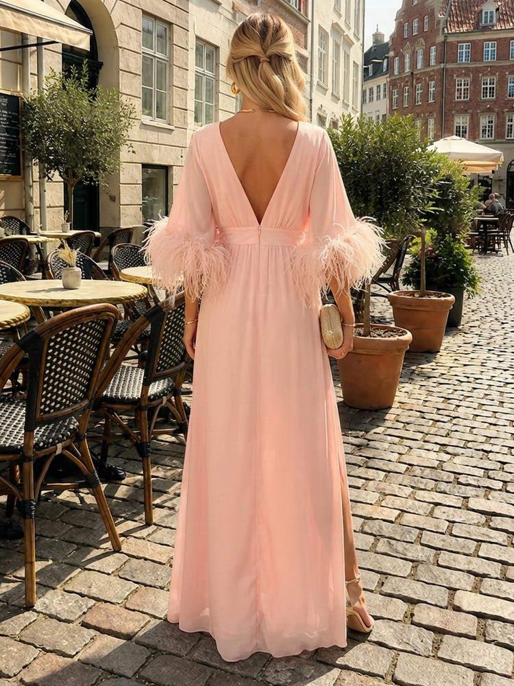 Chiffon A-Line V Neck Formal Dresses with Side Slit