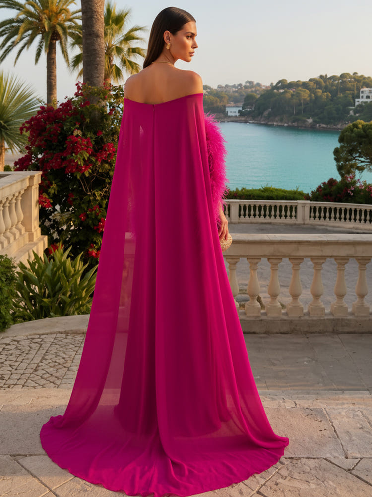 Chiffon A-Line Off Shoulder Formal Dresses with Sheer Chiffon Flowing Cape
