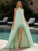 Chiffon A-Line Halter Formal Dresses with Natural Feather Fringe Hem