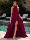 Chiffon A-Line Halter Formal Dresses with Natural Feather Fringe Hem