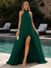Chiffon A-Line Halter Formal Dresses with Natural Feather Fringe Hem