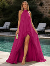 Chiffon A-Line Halter Formal Dresses with Natural Feather Fringe Hem