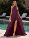 Chiffon A-Line Halter Formal Dresses with Natural Feather Fringe Hem