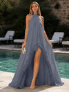 Chiffon A-Line Halter Formal Dresses with Natural Feather Fringe Hem