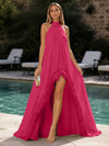 Chiffon A-Line Halter Formal Dresses with Natural Feather Fringe Hem