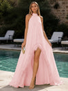 Chiffon A-Line Halter Formal Dresses with Natural Feather Fringe Hem