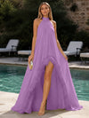 Chiffon A-Line Halter Formal Dresses with Natural Feather Fringe Hem