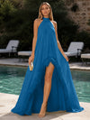 Chiffon A-Line Halter Formal Dresses with Natural Feather Fringe Hem
