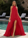 Chiffon A-Line Halter Formal Dresses with Natural Feather Fringe Hem