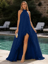 Chiffon A-Line Halter Formal Dresses with Natural Feather Fringe Hem