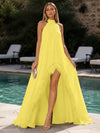 Chiffon A-Line Halter Formal Dresses with Natural Feather Fringe Hem