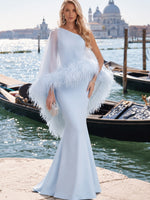 Jersey Mermaid One Shoulder Formal Dresses with Sheer Chiffon Flowing Cape