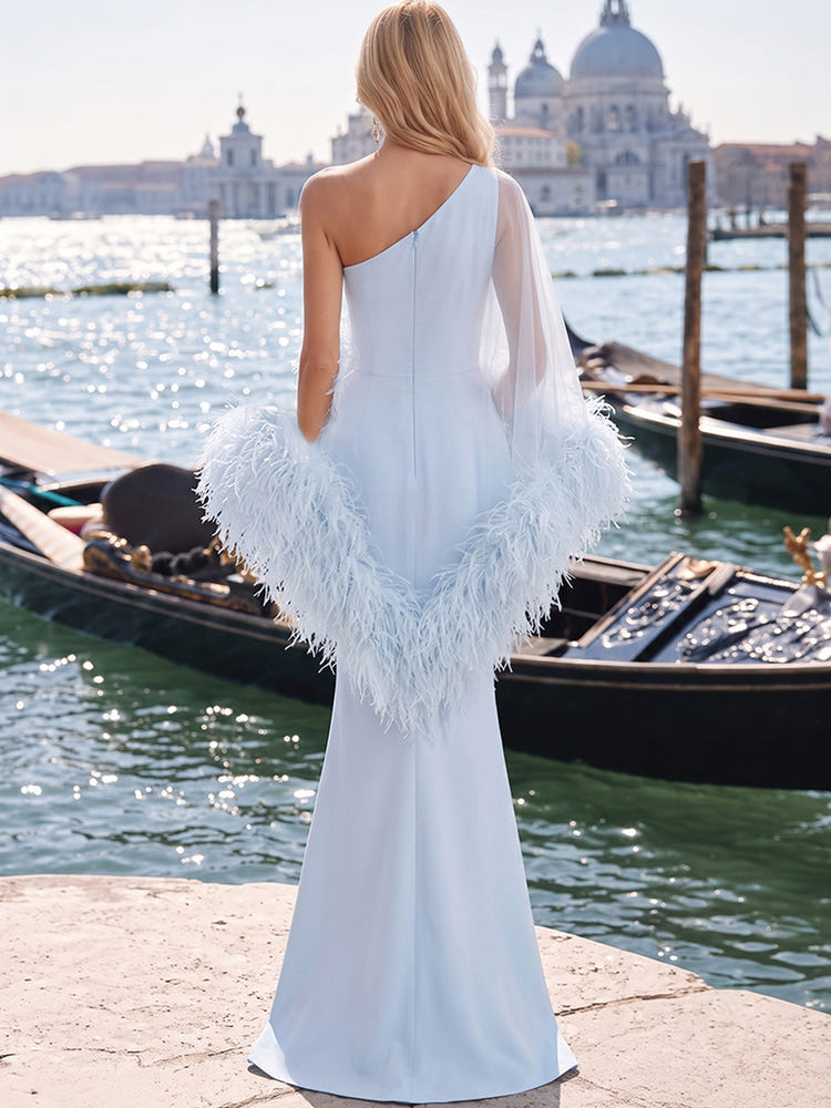 Jersey Mermaid One Shoulder Formal Dresses with Sheer Chiffon Flowing Cape