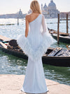 Jersey Mermaid One Shoulder Formal Dresses with Sheer Chiffon Flowing Cape