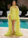 Tulle Sheath High Neck Formal Dresses with Sheer Chiffon Flowing Cape