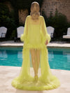 Tulle Sheath High Neck Formal Dresses with Sheer Chiffon Flowing Cape