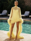 Tulle A-Line High Neck Formal Dresses with Sheer Chiffon Flowing Cape