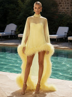 Tulle A-Line High Neck Formal Dresses with Sheer Chiffon Flowing Cape