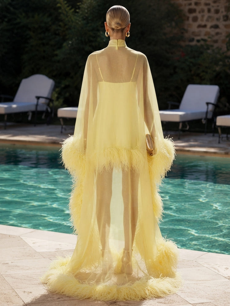 Tulle A-Line High Neck Formal Dresses with Sheer Chiffon Flowing Cape