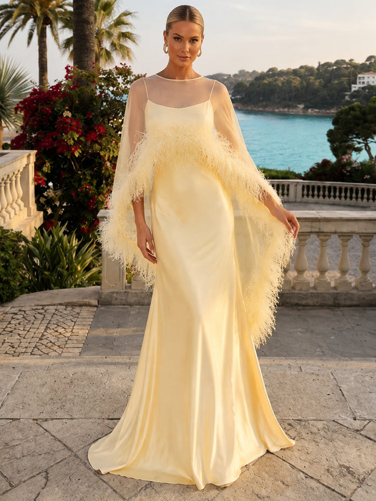 Satin Mermaid Crew Neck Formal Dresses with Sheer Chiffon Flowing Cape