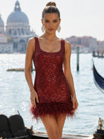 Sequin Sheath Square Neck Formal Dresses with Natural Feather Fringe Hem