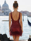Sequin Sheath Square Neck Formal Dresses with Natural Feather Fringe Hem