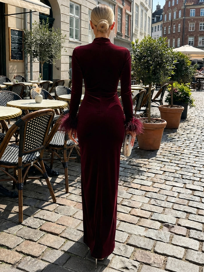 Velvet Sheath High Neck Formal Dresses with Side Slit