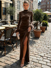 Velvet Sheath High Neck Formal Dresses with Side Slit
