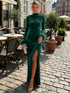 Velvet Sheath High Neck Formal Dresses with Side Slit