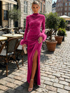 Velvet Sheath High Neck Formal Dresses with Side Slit