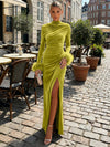 Velvet Sheath High Neck Formal Dresses with Side Slit