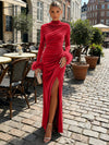 Velvet Sheath High Neck Formal Dresses with Side Slit