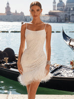 Stretch Mesh Bodycon Spaghetti Straps Formal Dresses with Allover Diamond Grid Beaded Sequins