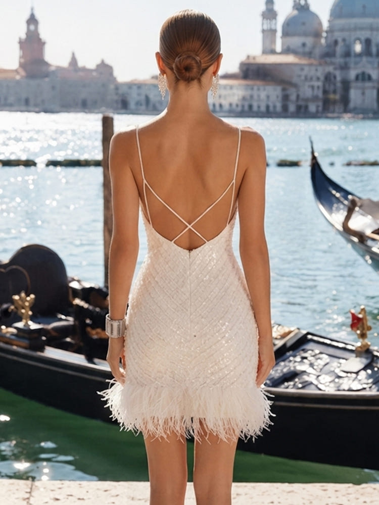 Stretch Mesh Bodycon Spaghetti Straps Formal Dresses with Allover Diamond Grid Beaded Sequins