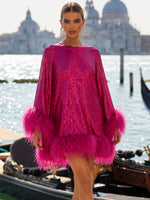 Sequin A-Line Crew Neck Formal Dresses with Natural Feather Fringe Hem