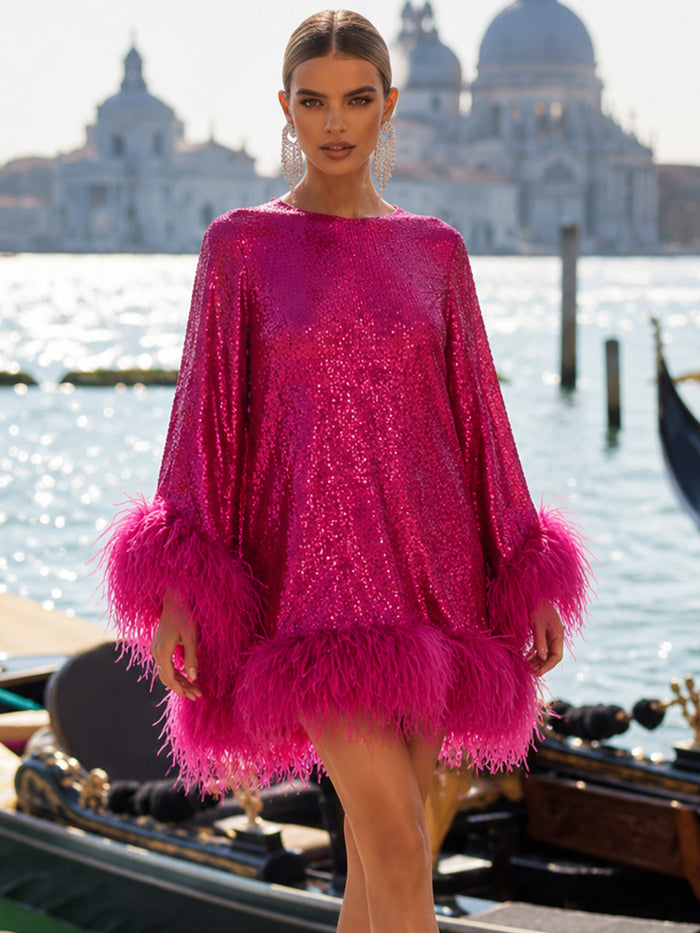 Sequin A-Line Crew Neck Formal Dresses with Natural Feather Fringe Hem