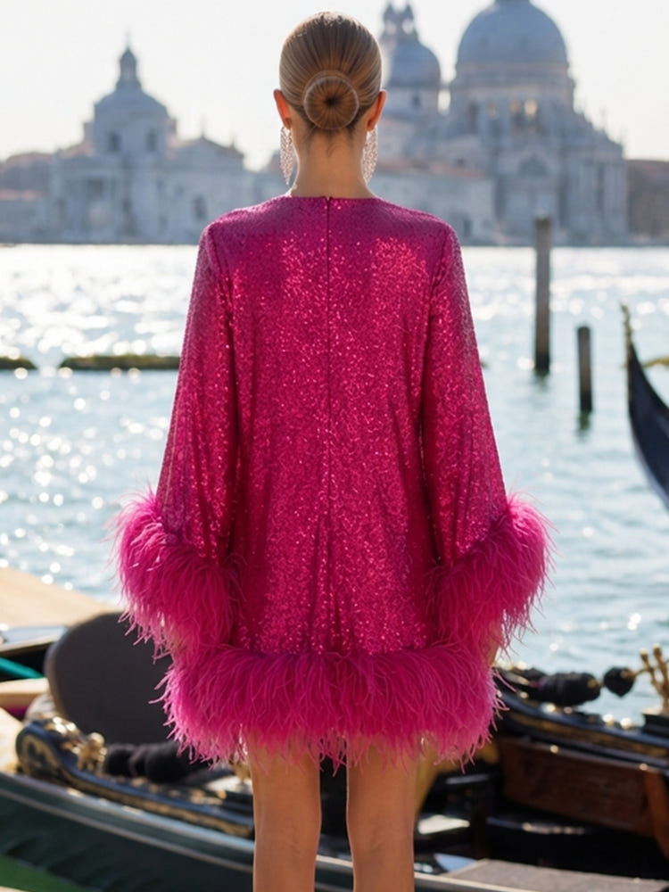 Sequin A-Line Crew Neck Formal Dresses with Natural Feather Fringe Hem