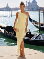 Jersey Mermaid One Shoulder Formal Dresses with Natural Feather Fringe Hem