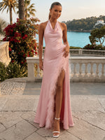 Satin A-Line Halter Formal Dresses with Side Slit