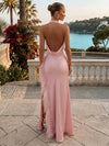 Satin A-Line Halter Formal Dresses with Side Slit