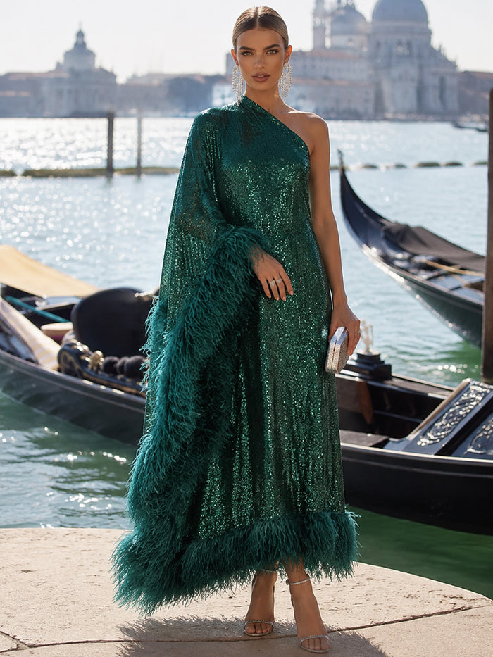 Sequin A-Line One Shoulder Formal Dresses with Natural Feather Fringe Hem