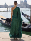 Sequin A-Line One Shoulder Formal Dresses with Natural Feather Fringe Hem