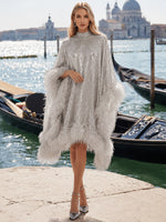 Sequin A-Line High Neck Formal Dresses with Natural Feather Fringe Hem