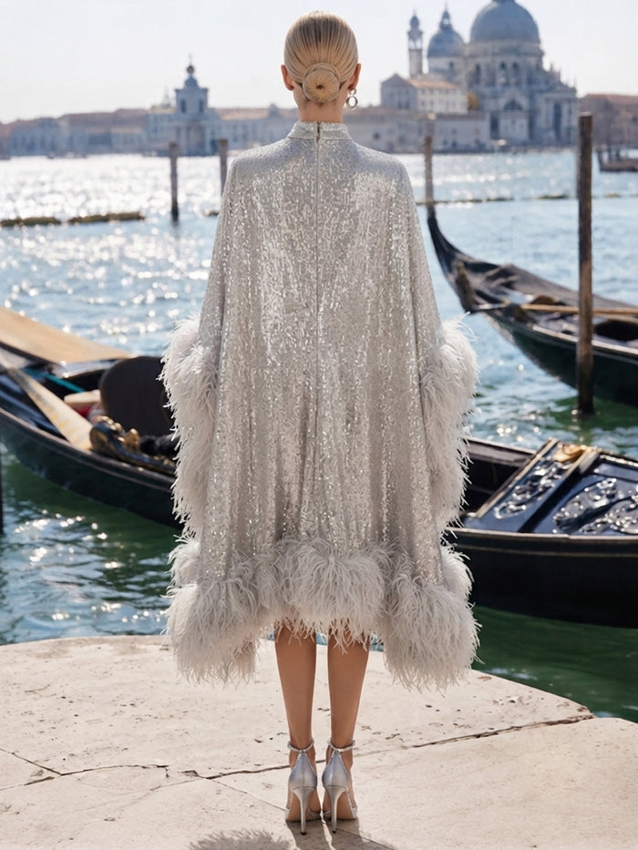 Sequin A-Line High Neck Formal Dresses with Natural Feather Fringe Hem