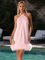 Jersey Sheath Halter Formal Dresses with Natural Feather Fringe Hem