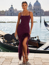 Satin Mermaid Spaghetti Straps Formal Dresses with Side Slit